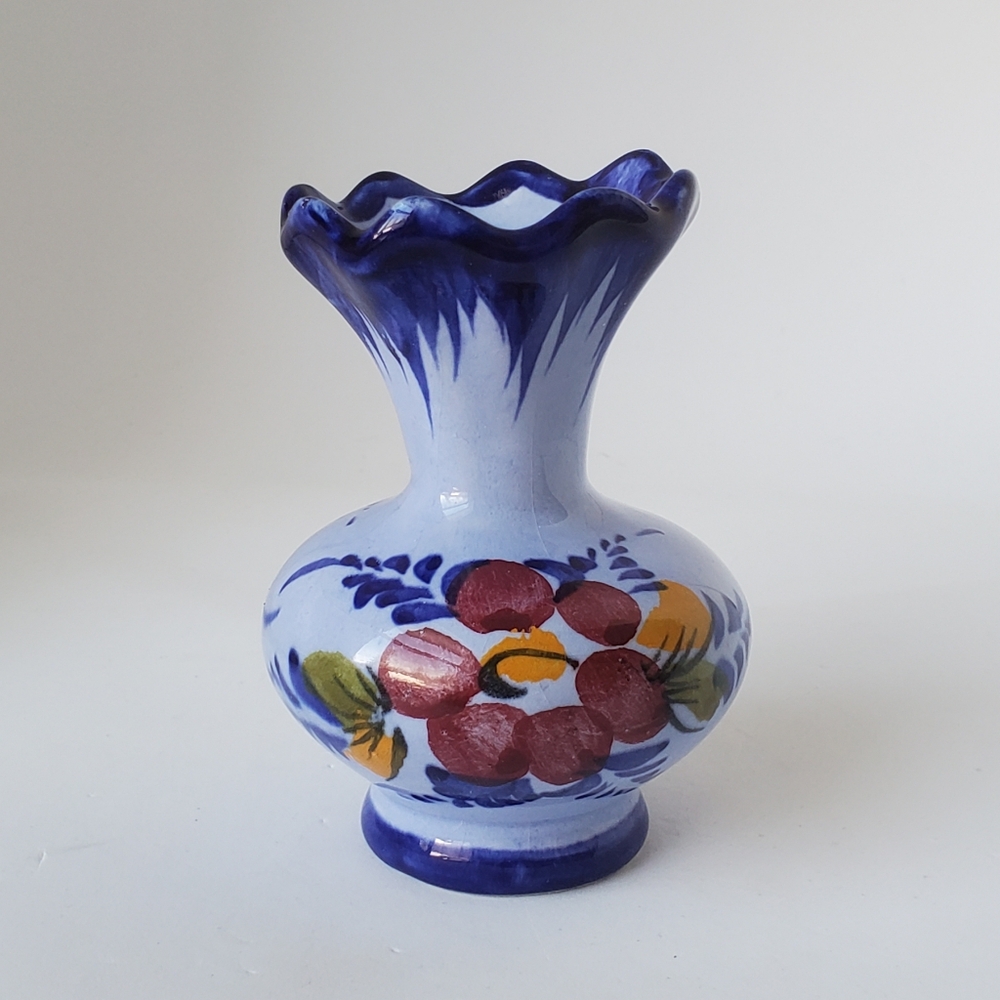 Blue Pottery Vase Hand Painted Floral Design Made in Portugal
